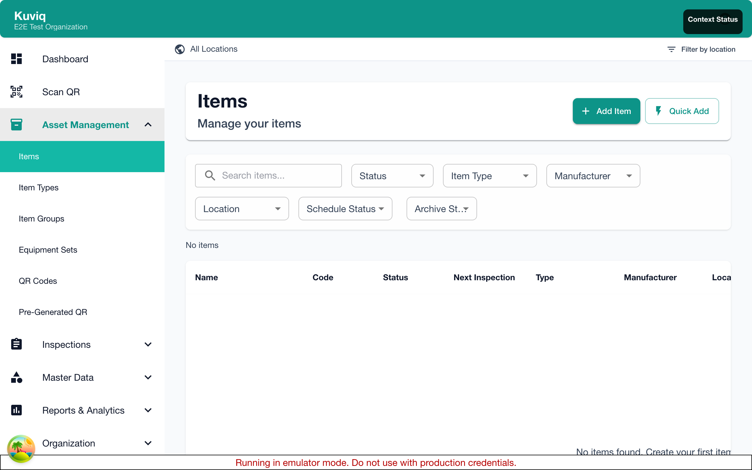 Items list showing equipment inventory